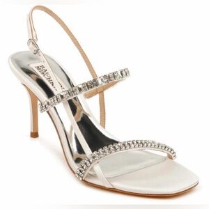 Badgley Mischka Silver Crystal-Strap Open-Toe Slingback Heel
